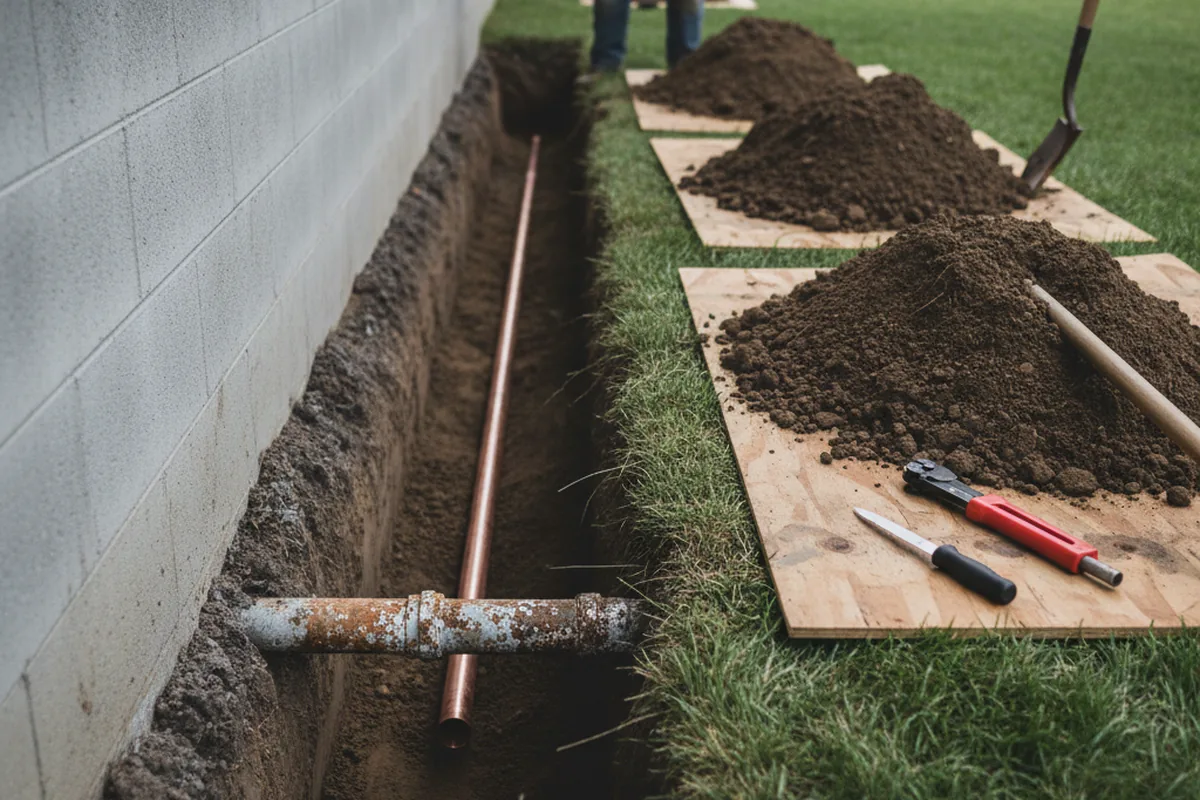 Excavated water line trench during Sewer Line Repair in Coats